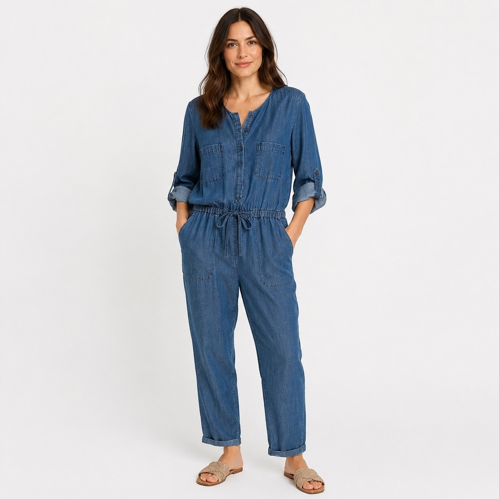Ann Taylor Loft Chambray Jumpsuit Women Large Blue Coastal Linen Blend Roll-Tab